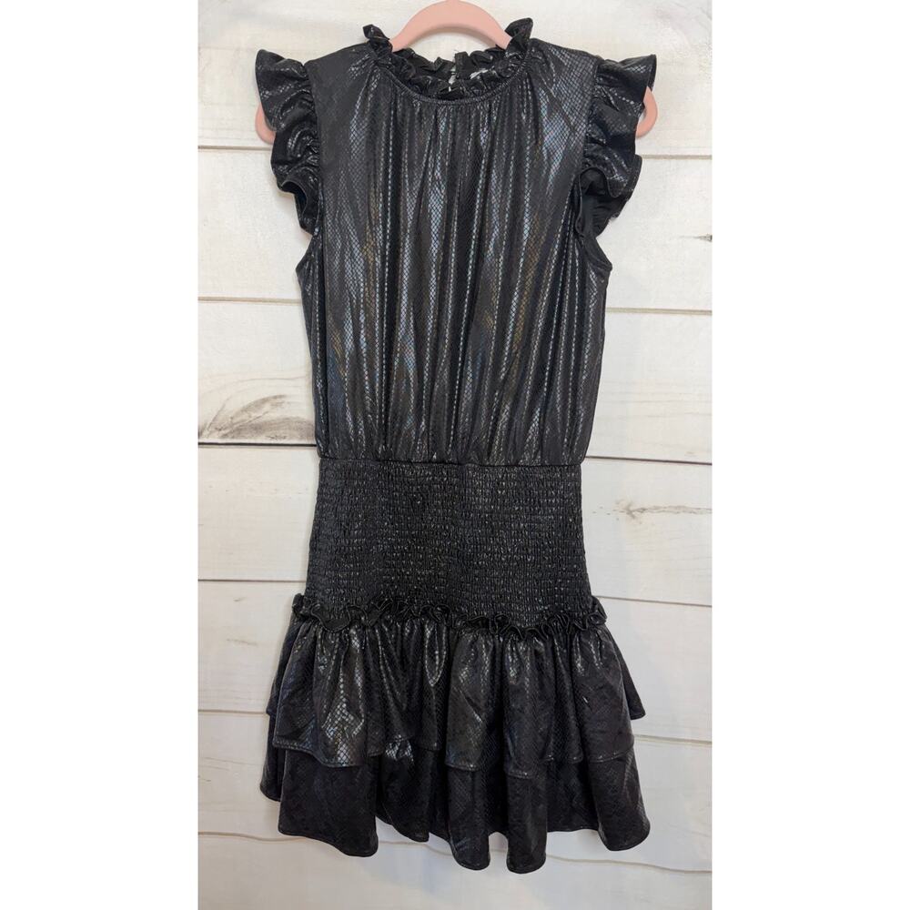 TCEC Women’s Size Medium Black Smocked Ruffle Snake Print Dress‎ Faux Leather
